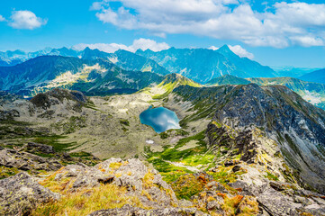 Tatra National Park in Poland. Tatra mountains panorama,  Hiking in Gasienicowa valley (Hala Gasienicowa) to Swinica peak near Kasprowy Wierch, Dolina Pieciu Stawow Polskich