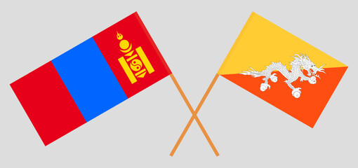 Crossed flags of Mongolia and Bhutan. Official colors. Correct proportion