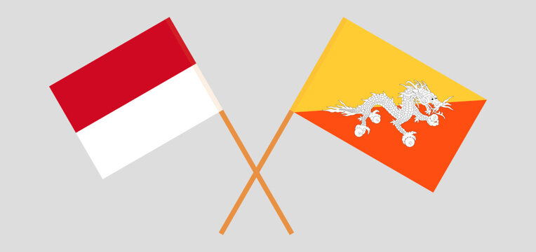 Crossed flags of Monaco and Bhutan. Official colors. Correct proportion