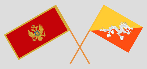 Crossed flags of Montenegro and Bhutan. Official colors. Correct proportion