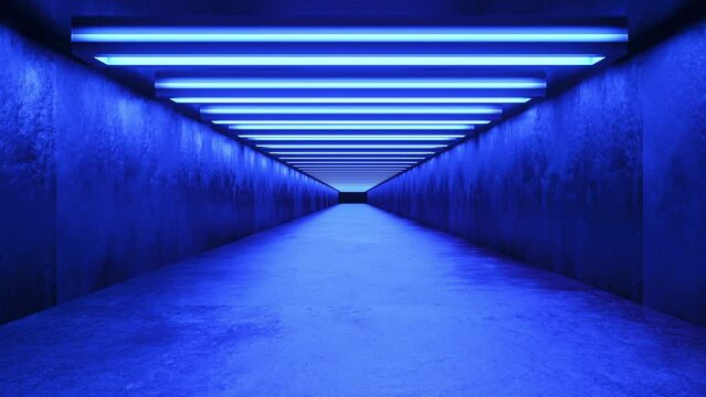 Corridor with bright ultraviolet lamps, futuristic conceptual world. Animation scene with fluorescent, neon, technology, Illumination, inside elements. 3d render, 4k, looping video, modern design.