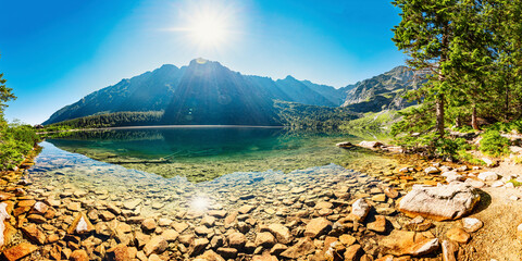 Tatra National Park in Poland. Famous mountains lake Morskie oko or sea eye lake In High Tatras....