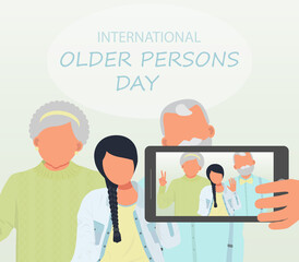 international day of older persons.Grandmother and grandfather taking a selfie with their granddaughter.