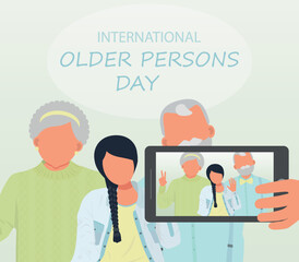 international day of older persons.Grandmother and grandfather taking a selfie with their granddaughter.