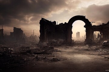 Een post-apocalyptische verwoeste stad. Verwoeste gebouwen, uitgebrande voertuigen en verwoeste wegen. 3D-rendering