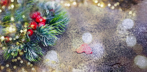 Fototapeta premium Christmas Tree with decorations on Christmas bokeh lights background. Christmas and new year holidays concept