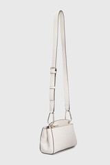 Women's White Leather Shoulder bag Handbag Hanging Isolated on White Background. Female cross body bag with long carbine strap. Side view. Template, mock up