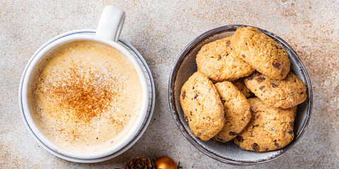 christmas cookie chocolate drops, cinnamon, ginger new year sweet dessert home holiday meal food snack on the table copy space food background