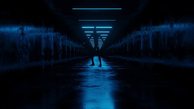 Mysterious monster appearing in a gloomy corridor, futuristic conceptual world. Scary scene with humanoid mutant. Animation horror, moody, gloomy, atmosphere. 3d render, 4k, loop video, modern design.