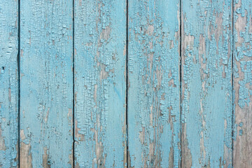 Fototapeta na wymiar Wall of a wooden house with peeling blue paint