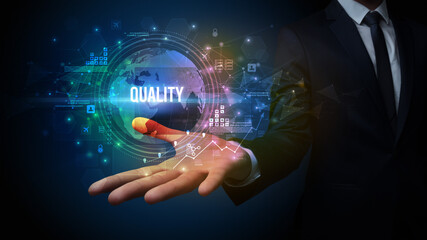 Elegant hand holding technology-related inscription