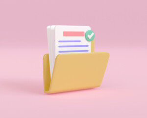 3d render yellow folder document and paper file. work management project online data. business office storage digital icon. open read email notification new message. 3d rendering illustration design.