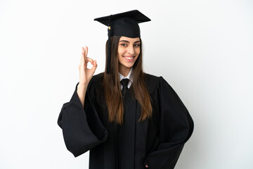 Young university graduate isolated on white background showing ok sign with fingers