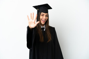 Young university graduate isolated on white background counting five with fingers