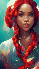 Painting of beautiful mermaid-vibe African American with red hair