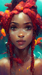 Painting of beautiful mermaid-vibe African American with red hair