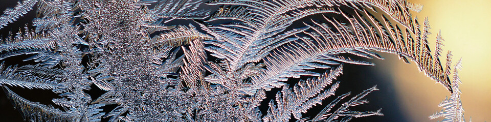 Abstract Christmas headline. Ice crystals on frozen window glass pane. Frost drawing. Winter season...
