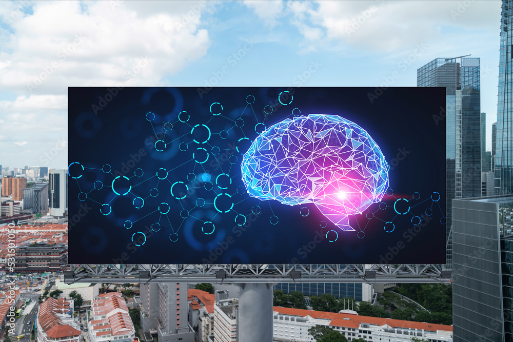 Poster brain hologram on billboard with singapore cityscape background at day time. street advertising post