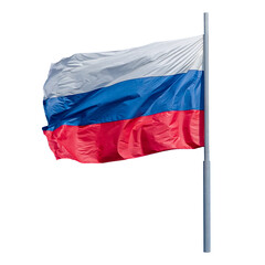 Tricolor flag of Russia white blue red on a flagpole against a blue sky and white clouds closeup isolated on a white transparent background.