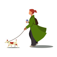 Young lady wearing green coat walking with a small dog vector illustration