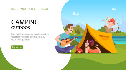 Camping landing. Kids on vacation outdoor relax family father playing on guitar spend time with kids near campfire swanky vector cartoon web page template
