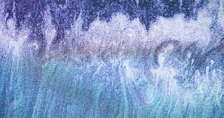 Particles background. Glitter wave. Ocean foam. Defocused iridescent blue purple white color gradient shiny water splash abstract grain texture copy space.