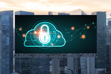 Padlock icon hologram on road billboard over panorama city view of Singapore at sunset to protect...