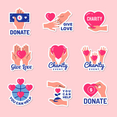 Fototapeta na wymiar Donation emblems. Humanity and charity colored symbols recent vector identity templates with place for text
