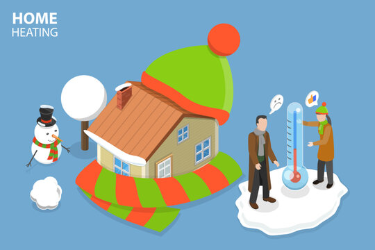 3D Isometric Flat Vector Conceptual Illustration of Home Heating, Energy Efficient House