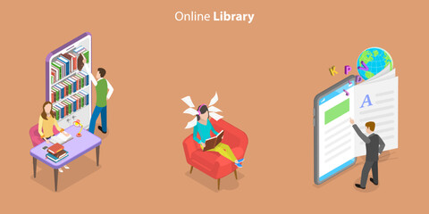 3D Isometric Flat Vector Conceptual Illustration of Online Library, E-learting and Digital Education