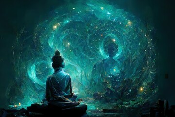 Buddha meditates in the infinite universe, illustration, generative Ai