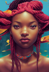 Illustration of a beautiful mermaid-vibe African American woman with red hair