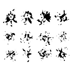 Ink prints of marigold flower petals. Black inky blots collection. Handmade set of formless imprints, stains, splashes and spots. Decorative elements pack for creatives. EPS8 vector illustration.