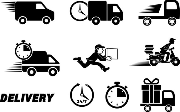 Fast delivery service elements. Express shipment truck and courier movement icons, motion food runner transport deliverying