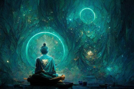 Buddha meditates in the infinite universe. Generative AI