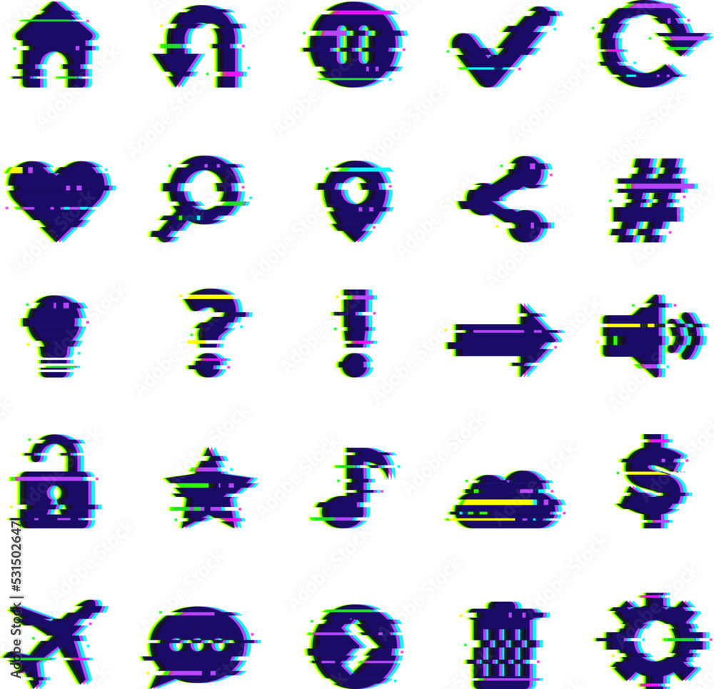 Poster web glitched symbols. media grunge ui icons interface elements mobile app recent vector glitched tem