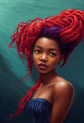 Illustration of a beautiful mermaid-vibe African American woman with red hair