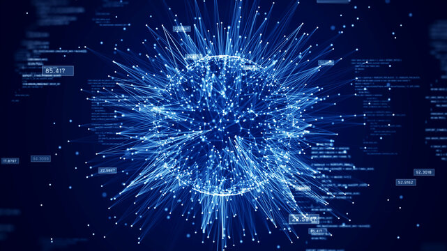 big data collection technology concept It is a powerful computing system that can handle huge amounts of data. Interconnected polygons form a prominent sphere in the center on a dark blue background.