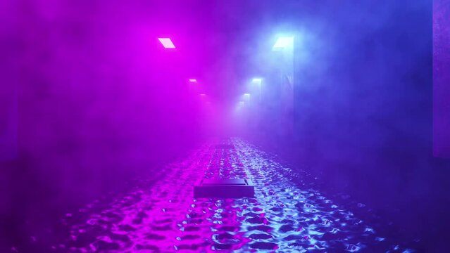 3d animation, futuristic conceptual world, science fiction background, neon lights, technology abstract tunnel, smoke clouds, 4k video, cycled render, movement motion, looping backdrop, modern design.