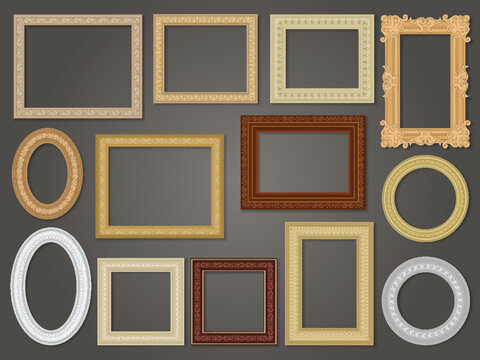 Frames for paintings. Square blank templates of different pictures or photos recent vector decorative baguette frames