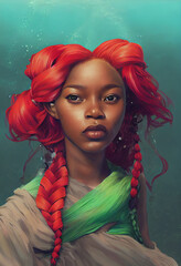 Illustration of a beautiful mermaid-vibe African American woman with red hair