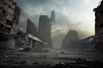 A post-apocalyptic ruined city. Destroyed buildings, burnt-out vehicles and ruined roads. 3D rendering - 531503217