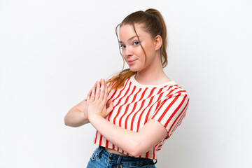 Young caucasian girl isolated on white background scheming something