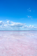 Bursol pink lake. Clouds are reflected in light pink water. Background for screen saver, wallpaper, postcard. High quality photo