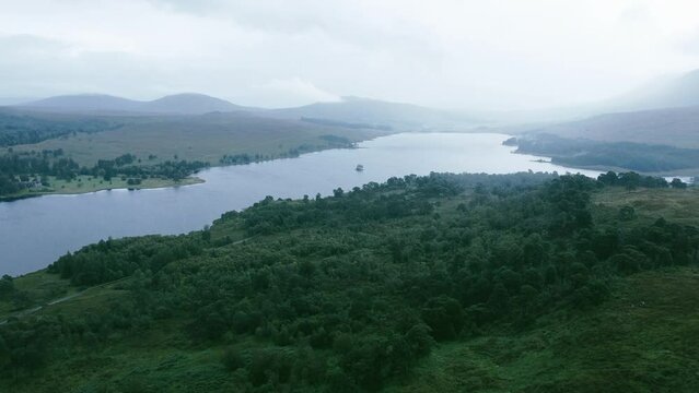 landscape with lake. Drone shot of the West Highland Way in Scotland. Loch leven. 