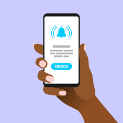 African female hand hold smartphone with alert message on screen. Afro-american woman showing cell phone with bell alarm icon on display. Touch screen gadget in womans arm. Vector EPS8 illustration.