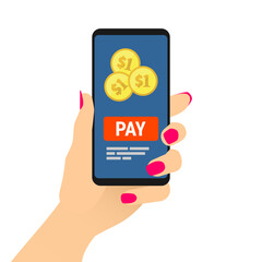Female hand hold smartphone with pay message on screen. Woman showing cell phone with golden coins on display. Payment concept for online e-commerce. Flat vector EPS8 illustration.
