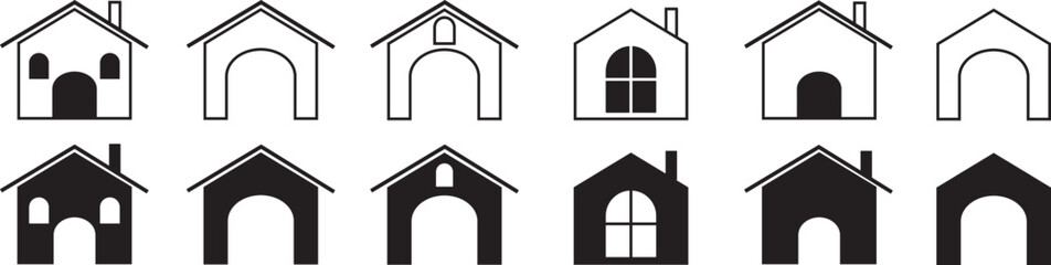 Collection home icons. House symbol. Set of real estate objects and houses black icons isolated on white background. Vector