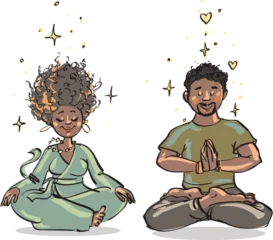 Kussenhoes Meditating people. Cartoon vector illustration. Black couple is practicing meditation. Soul mates. © nataliahubbert