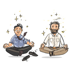 Meditating People. Cartoon vector drawing of a couple of men practicing together. Funny cute male characters, partners, friends or colleagues. - 531504413